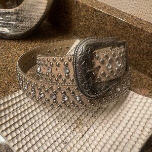 Guess Cowboy Studded Silver Belt with Ornate Buckle Large